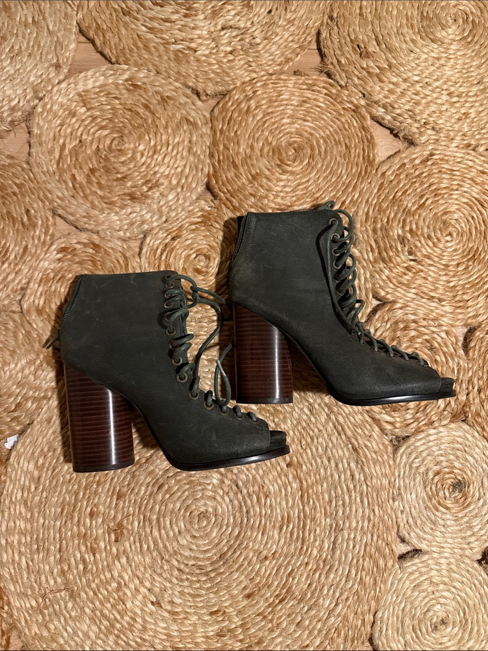 Jeffrey Campbell Olive Green Lace-Up Peep-Toe Block Heel Ankle Boots